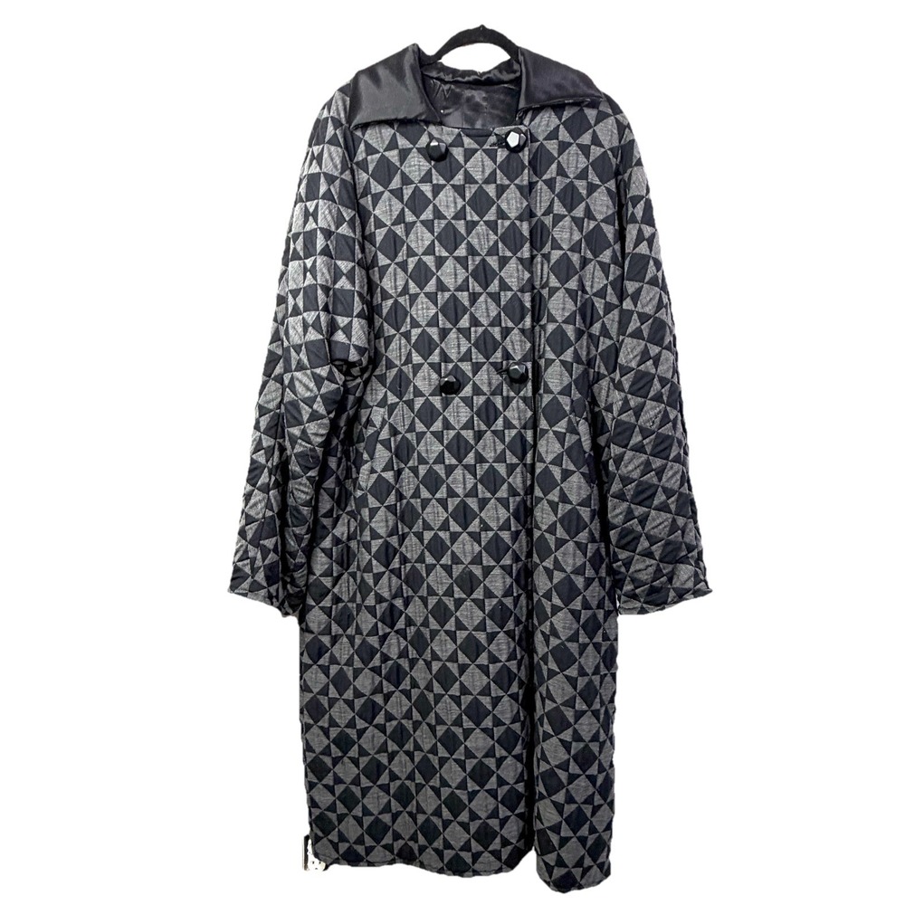 Vintage‎ Quilted Long Wool Coat 2X/3X Made In Italy Black Gray Tumbling Block - Picture 10 of 16